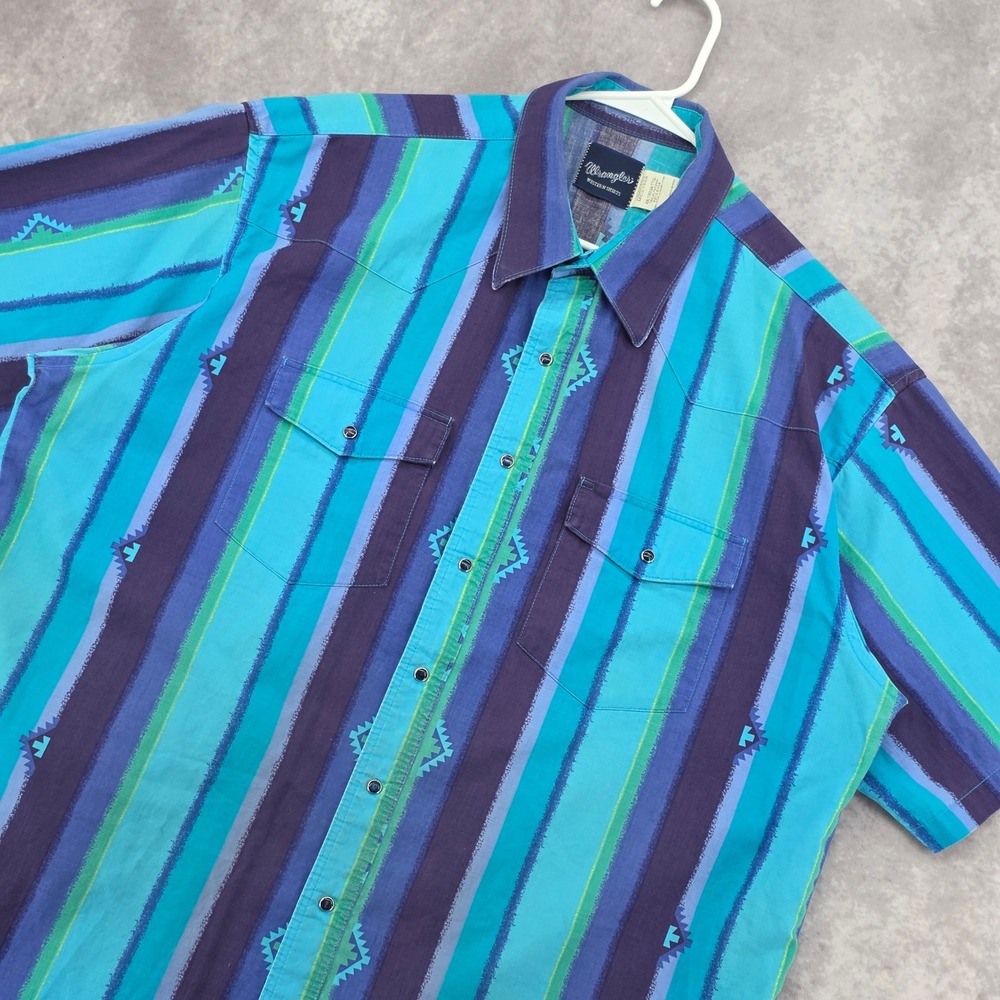 Vtg Wrangler Western Shirt Mens XXLT Blue Teal Aztec Pearl Snap Short Sleeve